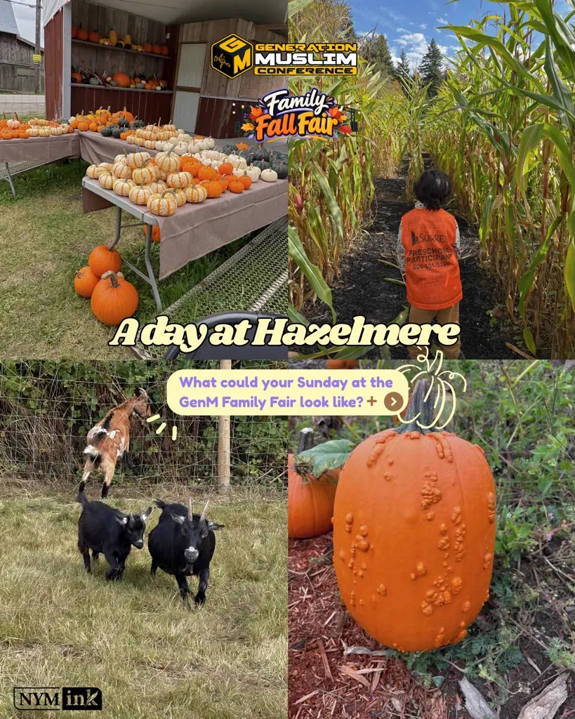 Family Fall Fair promo collage: a pumpkin display, a child exploring a corn maze, friendly goats, and a giant pumpkin.