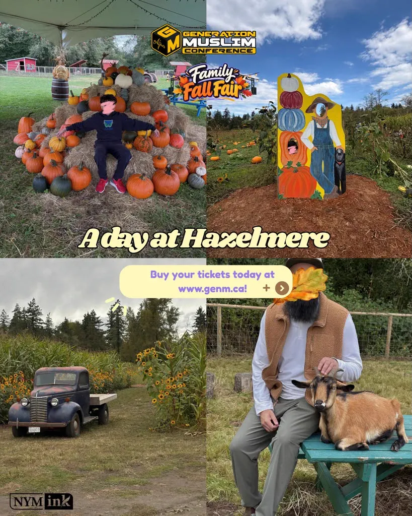 Family Fall Fair promo collage: a hay-bale pumpkin pile, a harvest photo cut-out, an antique truck among sunflowers, and a visitor sitting with a goat.